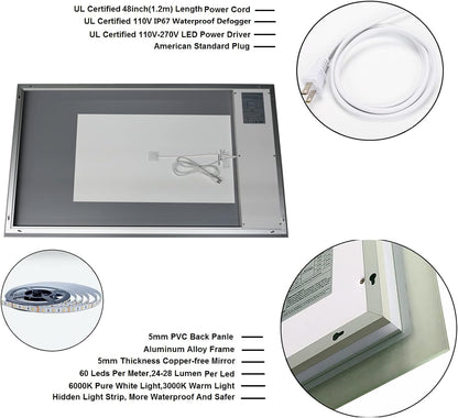 24"X36" Bathroom LED Mirror with Wireless Speaker Wall Switch - Lighted Vanity Mirrors for Bathroom Wall Mounted Backlit, Dimmable Light 3000K/6000K Anti-Fog Makeup Smart Mirror (Vertical)