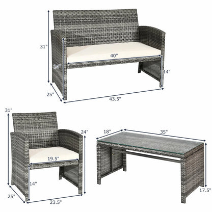 4PCS Rattan Patio Furniture Set Garden Sofa Cushioned Seat Mix Gray Wicker