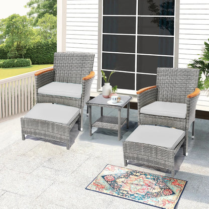 5 Piece Outdoor Patio Furniture Set with Table&Ottoman Outdoor Furniture Patio Set Bistro Wicker Patio Set (Brown Wicker&Khaki Cushion)