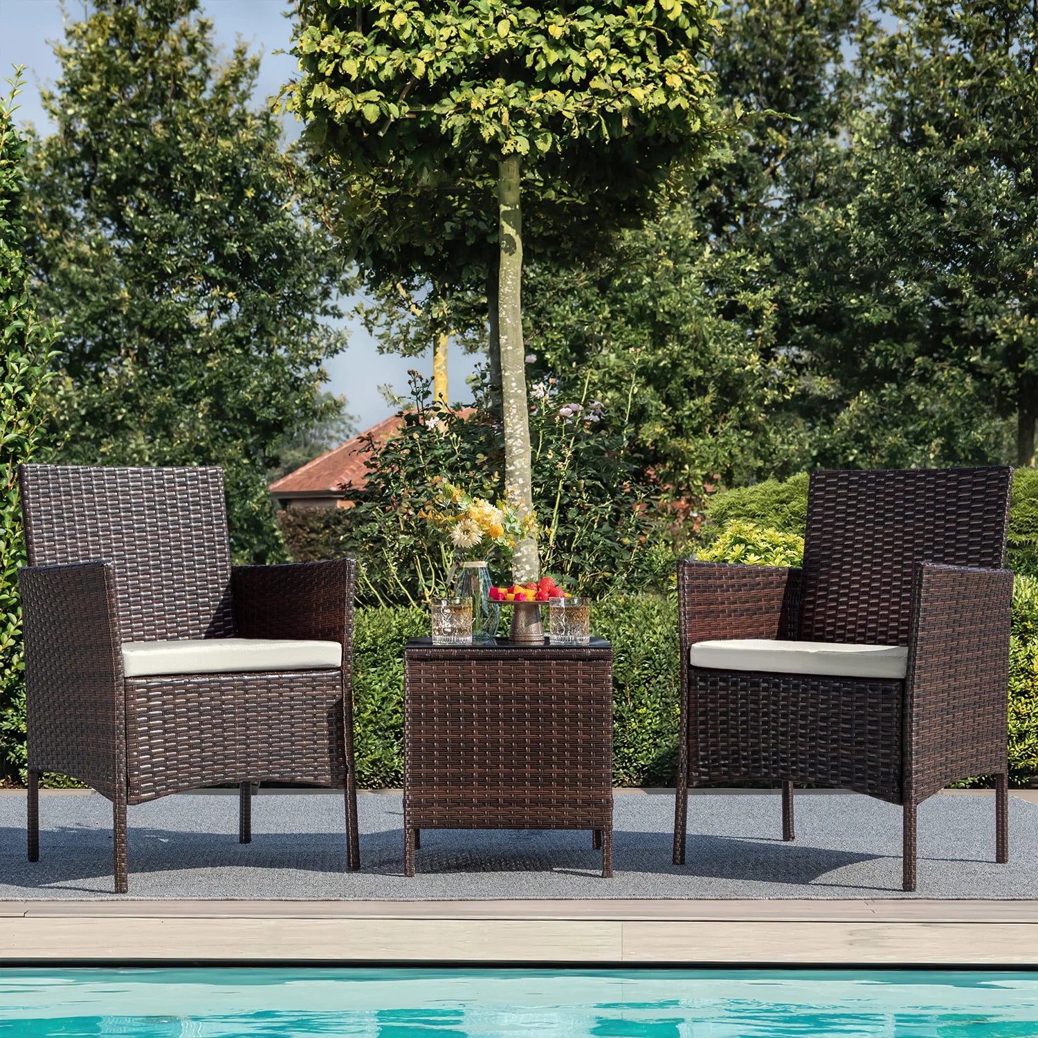 3 Pieces Patio Furniture Set Outdoor PE Rattan Wicker Patio Conversation Set Bistro Set with Tempered Glass and Cushioned Chairs, Brown/Beige