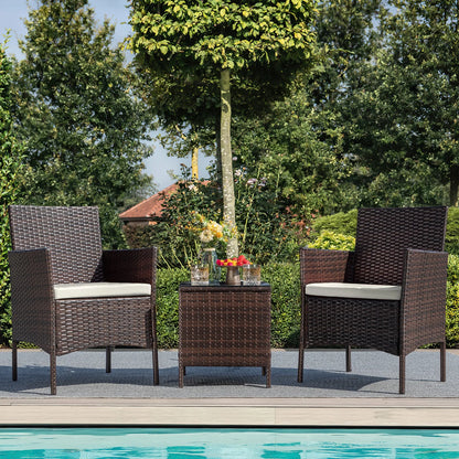 3 Pieces Patio Furniture Set Outdoor PE Rattan Wicker Patio Conversation Set Bistro Set with Tempered Glass and Cushioned Chairs, Brown/Beige