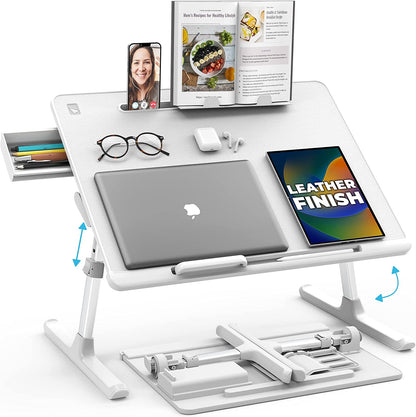 Deskpro XL 23.6" Ergonomic Adjustable Laptop Bed Desk, Laptop Bed Table | Tray for Eating, Computer, Writing, Floor, Couch | Large Lap Desk for Adults | Leather, Drawer, Book Stand (Black)