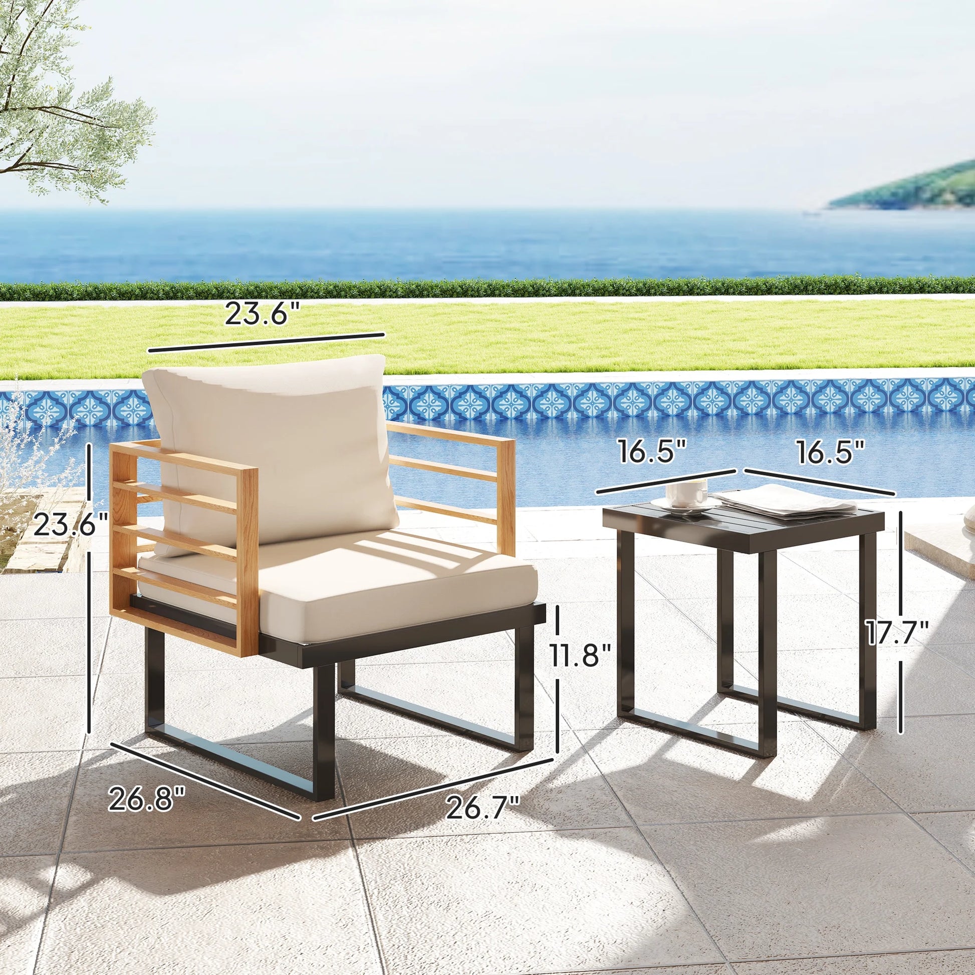 3 Pieces Outdoor Bistro Set, Metal Patio Furniture with Cushions, Armchairs and Slatted Table, Small Patio Set for Balcony, Porch, Beige