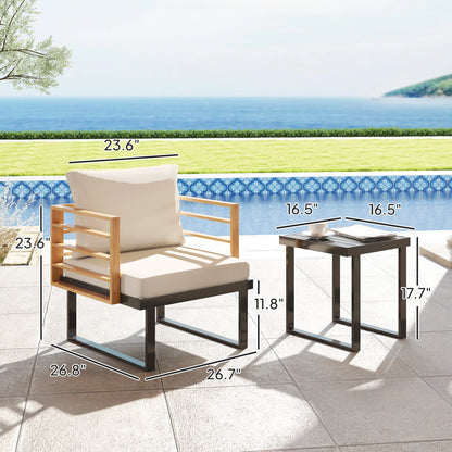 3 Pieces Outdoor Bistro Set, Metal Patio Furniture with Cushions, Armchairs and Slatted Table, Small Patio Set for Balcony, Porch, Beige