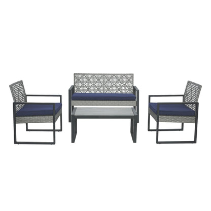 4-Piece Patio Seating Set, Patio Furniture Set, Patio Furniture Set, Wicker Garden Furniture with Wood Table and Legs, PE Rattan Outdoor Sofa Set for Balcony, Beige