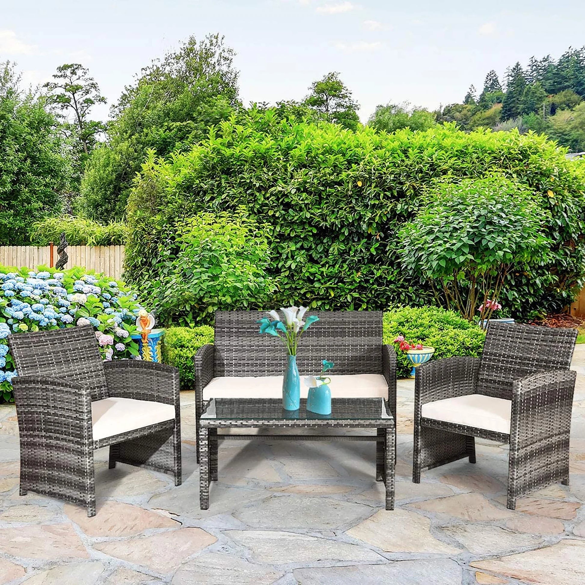 4PCS Rattan Patio Furniture Set Garden Sofa Cushioned Seat Mix Gray Wicker