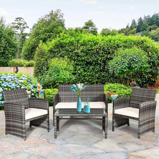 4PCS Rattan Patio Furniture Set Garden Sofa Cushioned Seat Mix Gray Wicker