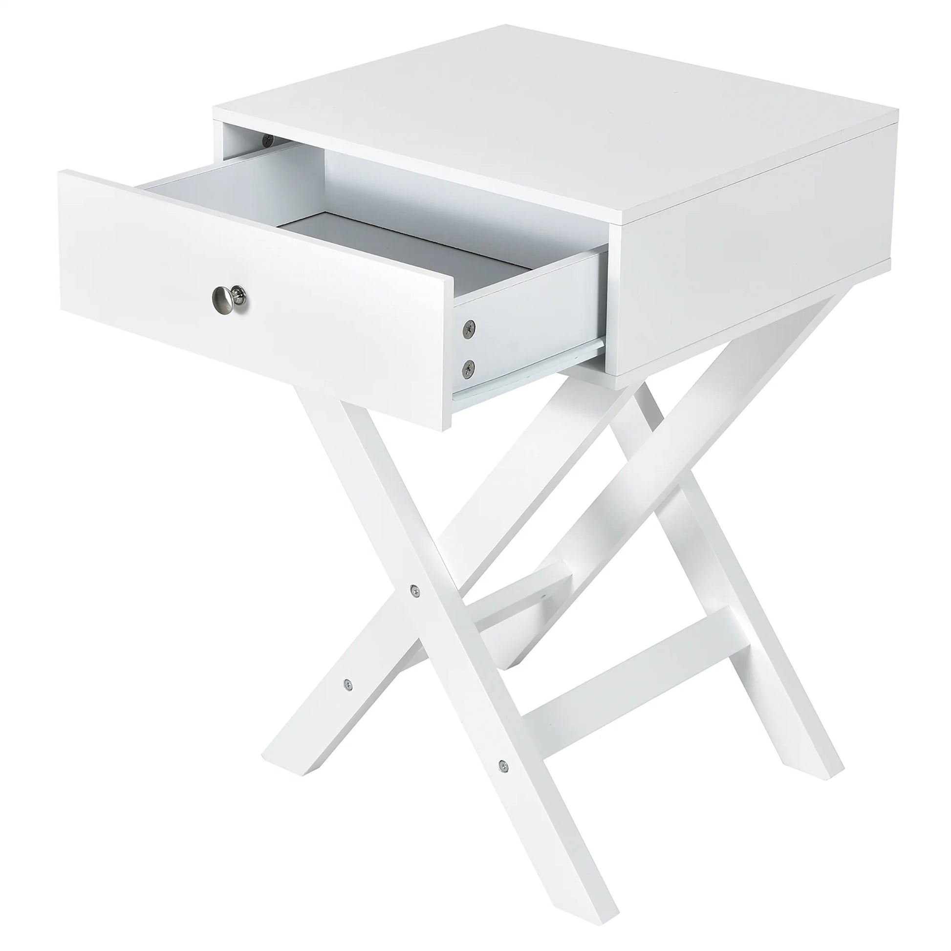 Side Nightstand with Drawer X Shaped Structure Accent Sofa End Table White