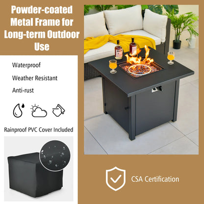 32'' Square Propane Gas Fire Pit Table with Glass Stones Rain Cover 50,000 BTU