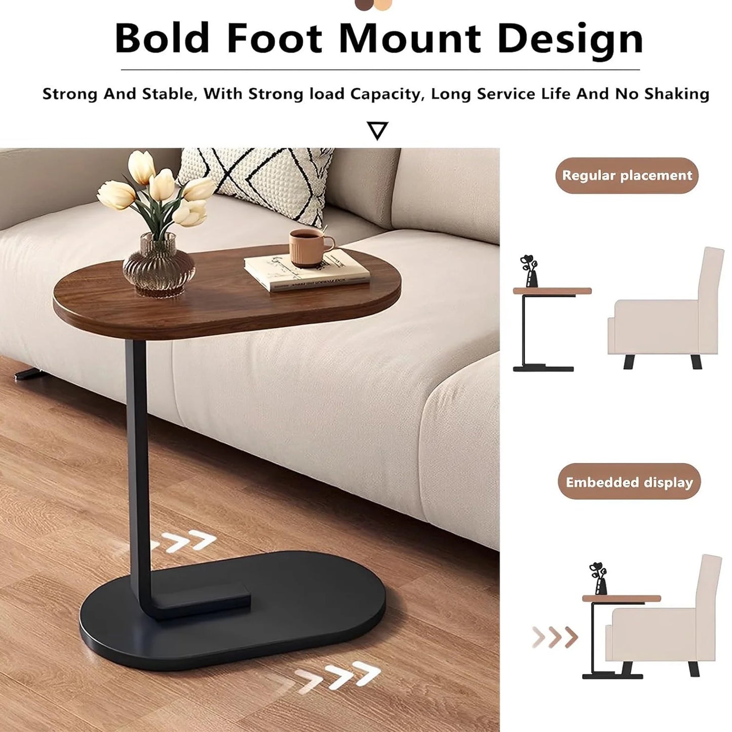 C-Shaped End Table Small Couch Side Table for Sofa Bedside Living Room Bedroom Furniture, 12" W X 18 L X 24.5" H, Walnut & Black