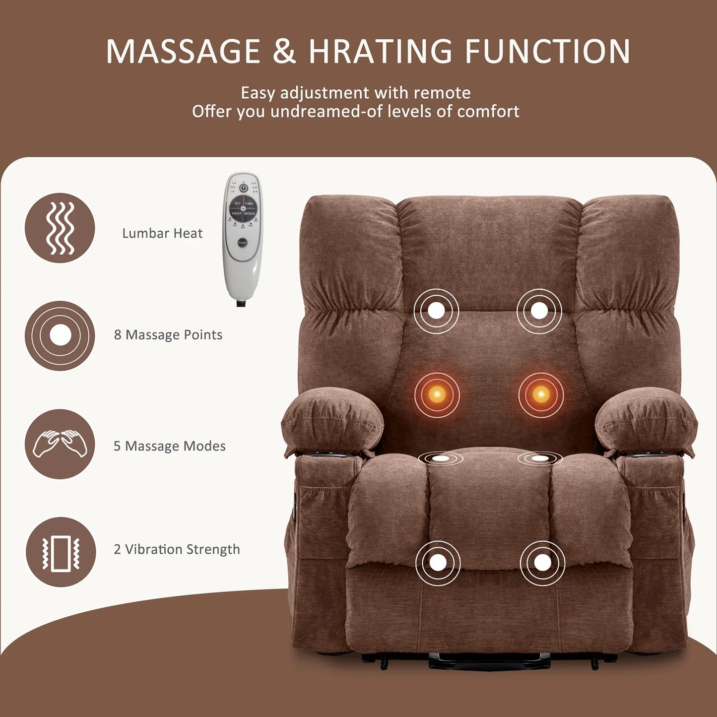 Power Lift Recliner Chair Recliners for Elderly with Heat and Massage Recliner Chair for Living Room with Infinite Position and Side Pocket,Usb Charge Port,Brown
