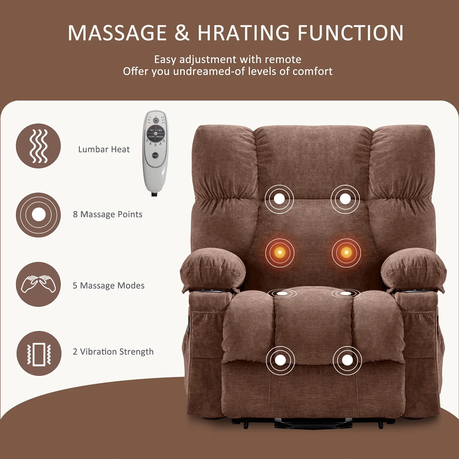 Power Lift Recliner Chair Recliners for Elderly with Heat and Massage Recliner Chair for Living Room with Infinite Position and Side Pocket,Usb Charge Port,Brown
