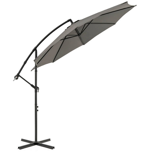 10 FT Patio Offset Umbrella W/8 Ribs Cross Base Tilt Grey