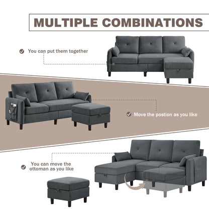 Convertible Sectional Sofa L Shaped Sofa Modern Fabric 3 Seat Couch with Reversible Storage Ottoman and Side Storage Pocket for Living Room Office Apartment Studio