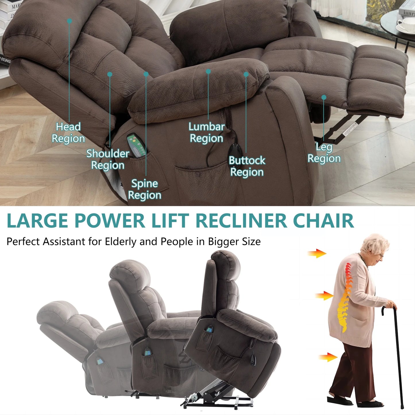 Oversized Massage Recliner Chair with Heat,  Large Electric Power Lift Recliner Chair for Big and Tall and Elderly with Hidden Cup Holder, 350Lb, Home Theater Accent Chairs, Dark Brown