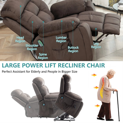 Oversized Massage Recliner Chair with Heat,  Large Electric Power Lift Recliner Chair for Big and Tall and Elderly with Hidden Cup Holder, 350Lb, Home Theater Accent Chairs, Dark Brown