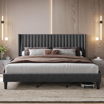 Queen Bed Frame Upholstered Platform Bed with Fabric Headboard, Wing Edge Design/Non-Slip and Noise-Free/Wooden Slats Support/No Box Spring Needed/Easy Assembly, Dark Gray Queen Bed