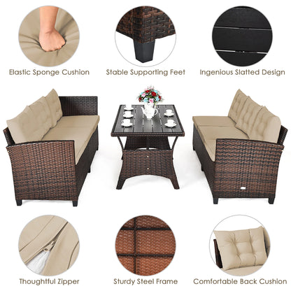 3PCS Rattan Dining Set Patio Furniture 6 Seats Sofa Cushioned