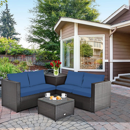 4PCS Patio Rattan Furniture Set Cushioned Loveseat Storage Table Navy