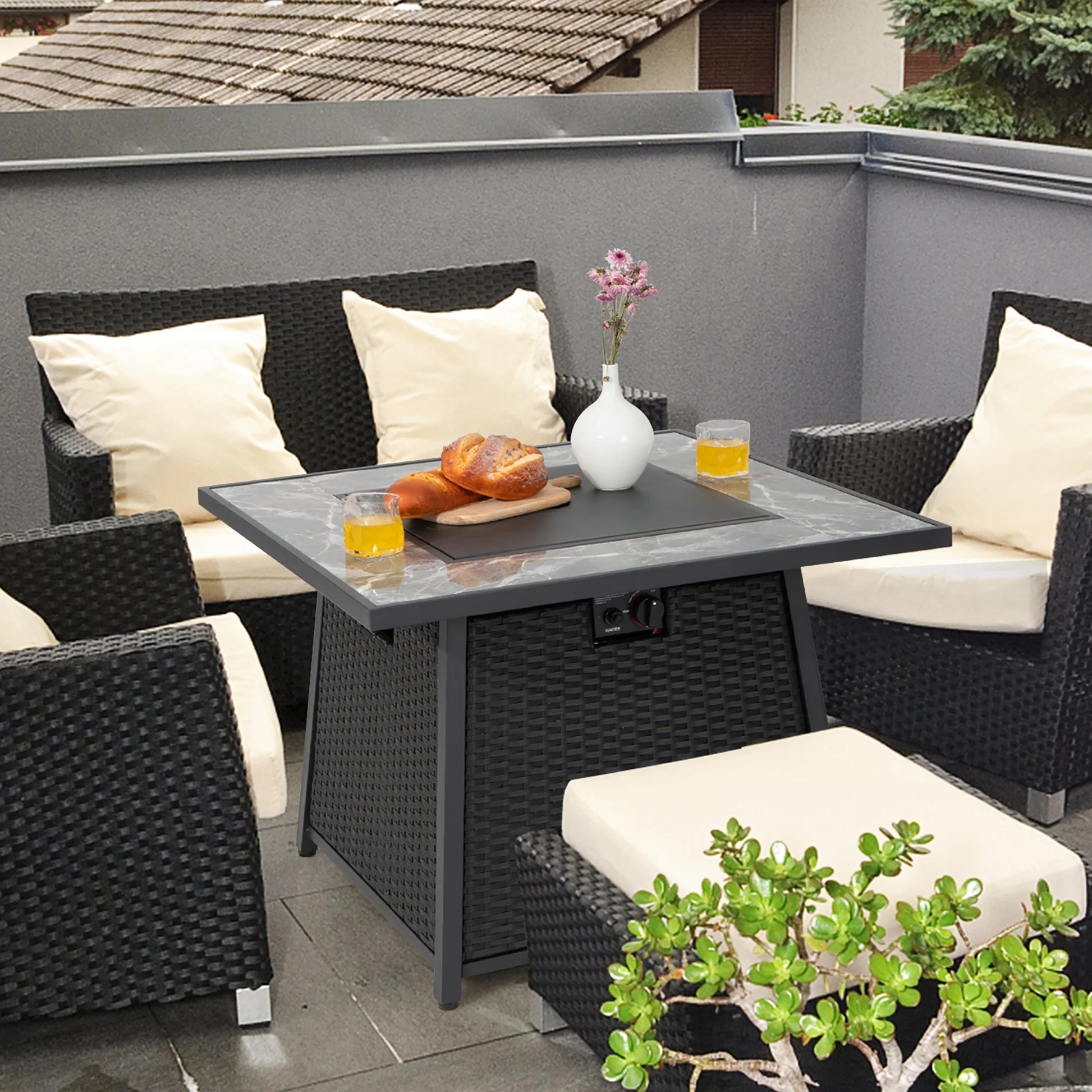35'' Propane Gas Fire Pit Table Patio PE Wicker Rattan W/ Lava Rocks PVC Cover