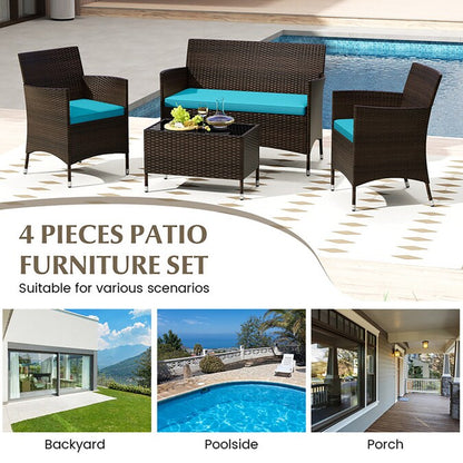 4 Pieces Comfortable Mix Outdoor Rattan Sofa Set with Glass Coffee Table 4 -Piece Rattan Patio Conversation Set with Blue Cushions