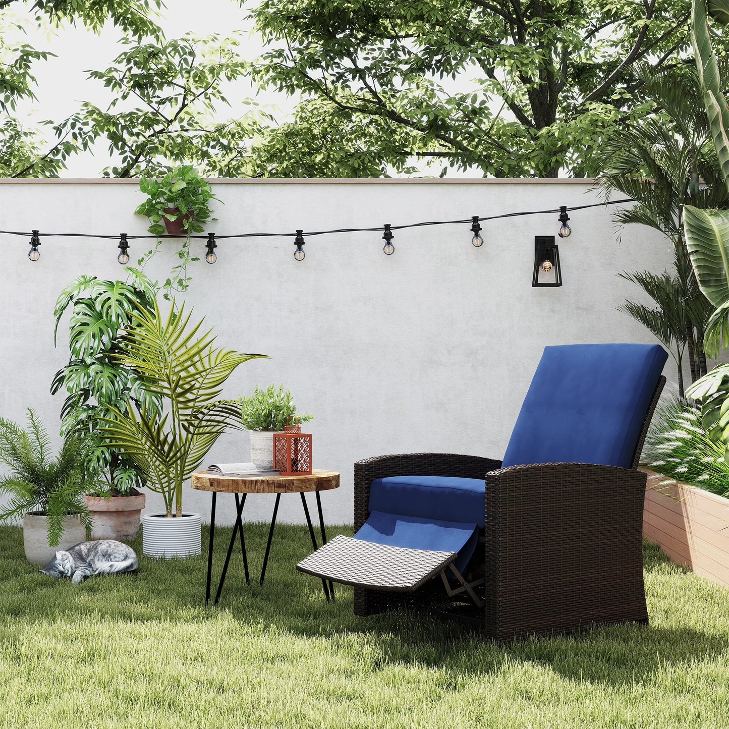 Reclining Rattan 360° Swivel Chair Patio Cushioned Recliner