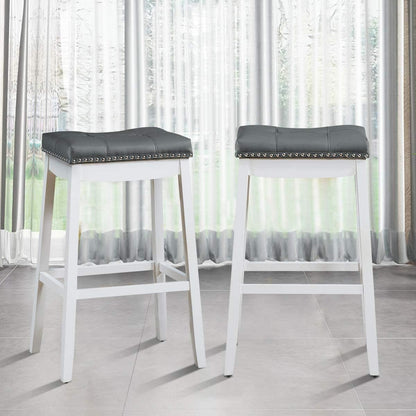 Bar Stools Set of 2, 29-Inch Height Backless Counter Stool with Footrest, Soft Seat Cushion, Wood Legs and Non-Slip Foot Pad, Saddle Stools for Home Kitchen Living Room, Stone Gray+White