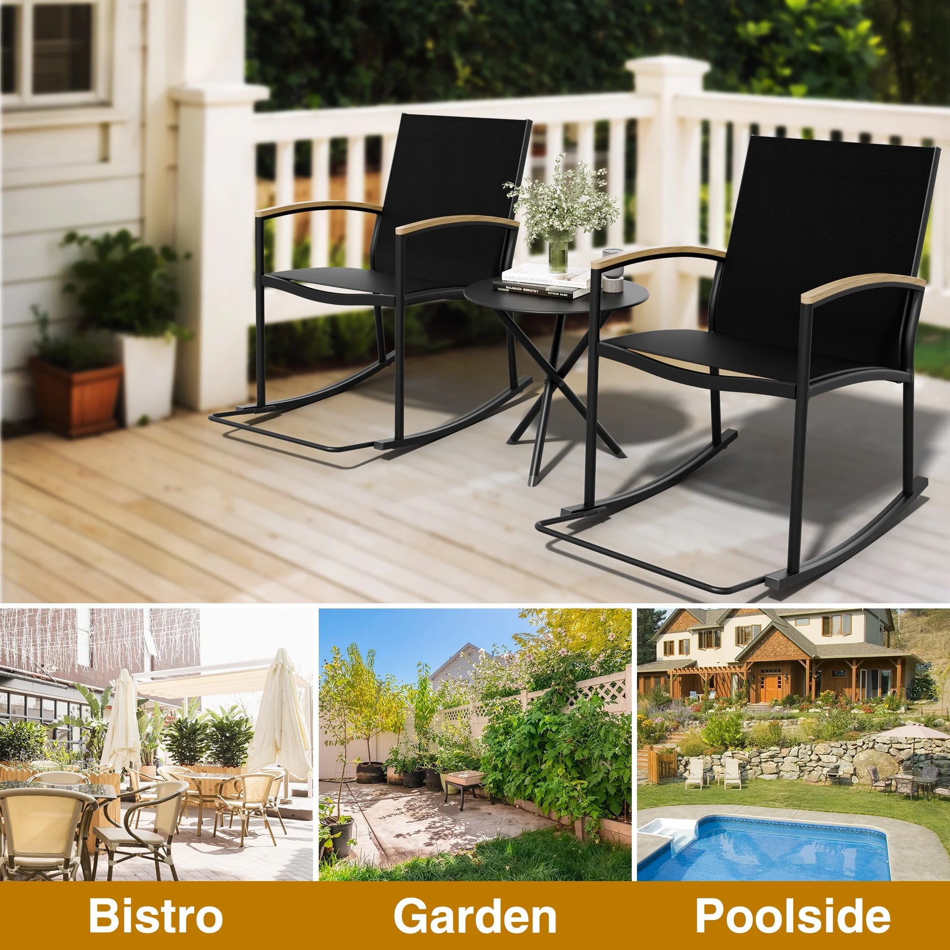 3-Piece Patio Bistro Sets, Outdoor Breathable Rocking Chairs & Black Furniture Conversation Set-Two Chairs with Coffee Table Black