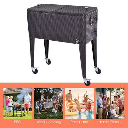 Outdoor Rattan 80QT Party Portable Rolling Cooler Cart Ice Beer Beverage Chest