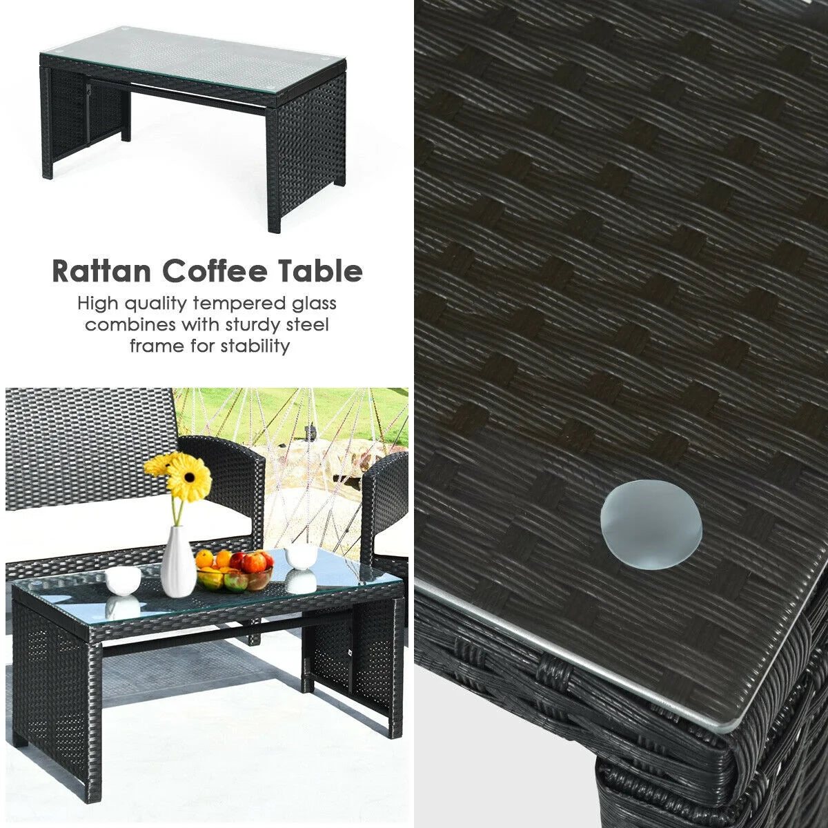 4-Piece Rattan Outdoor Conversation Set with Sofa and Coffee Table, Black