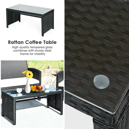 4-Piece Rattan Outdoor Conversation Set with Sofa and Coffee Table, Black