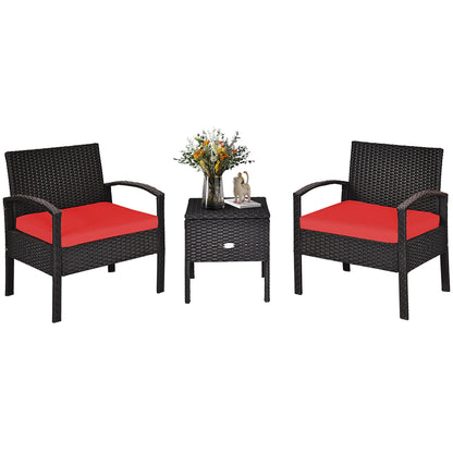 3PCS Patio Rattan Furniture Set Storage Table Cushioned Sofa Deck Red