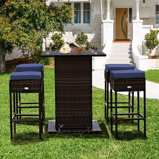 5PCS Patio Rattan Bar Table Stool Set Hidden Storage Shelf Cushioned Navy