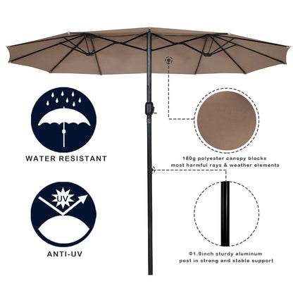 15' Market Outdoor Umbrella Double-Sided Twin Patio Umbrella with Crank Tan