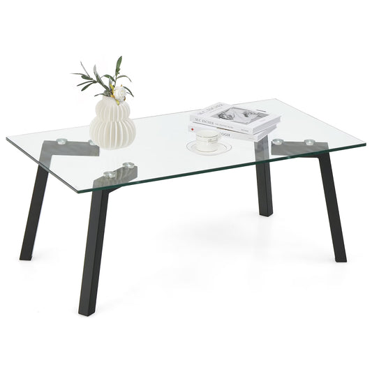 Tempered Glass Coffee Table Modern Center Table with Metal Frame for Living Room