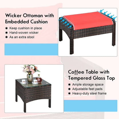 5 PCS Patio Rattan Furniture Set Sofa Ottoman Table Cushioned Yard Red