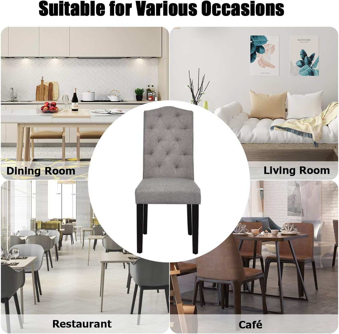 Dining Chairs Set of 2, Tufted Fabric Dining Room Chairs with Nailed Head, Parsons Chairs with Padded Seat, Tall Backrest, Modern Upholstered Armless Dining Chairs for Kitchen, Dining Room