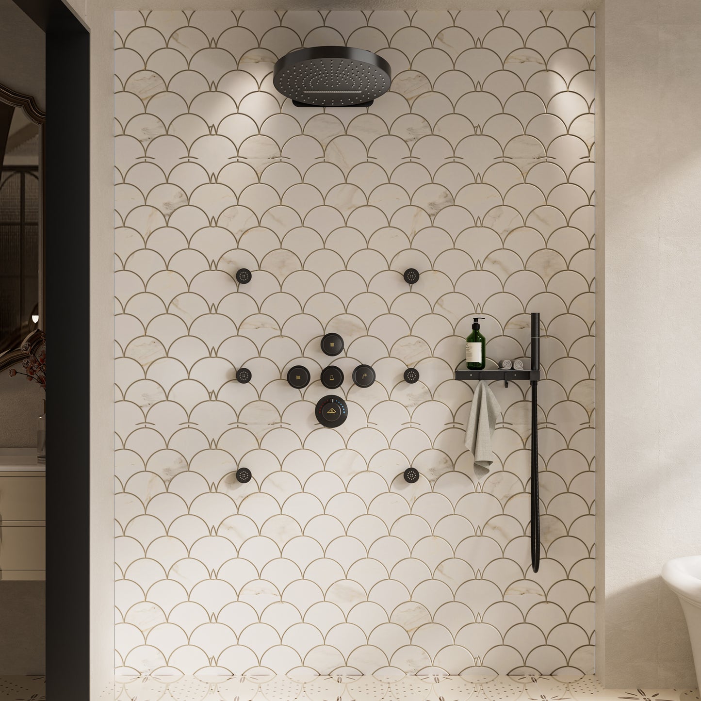CASAINC 12 Inches Thermostatic Wall Mounted Round Shower System with 6 Body Jets & Handheld Spary Shelf