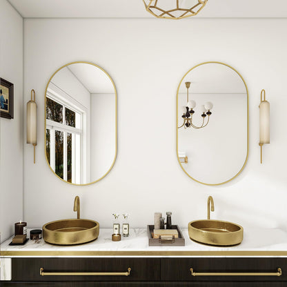 Wall Mounted Mirror, 17"X30" Oval Bathroom Mirror with Metal Frame, Vertical & Horizontal Hang, Ideal for Bedroom, Entryway, Living Room, Gold