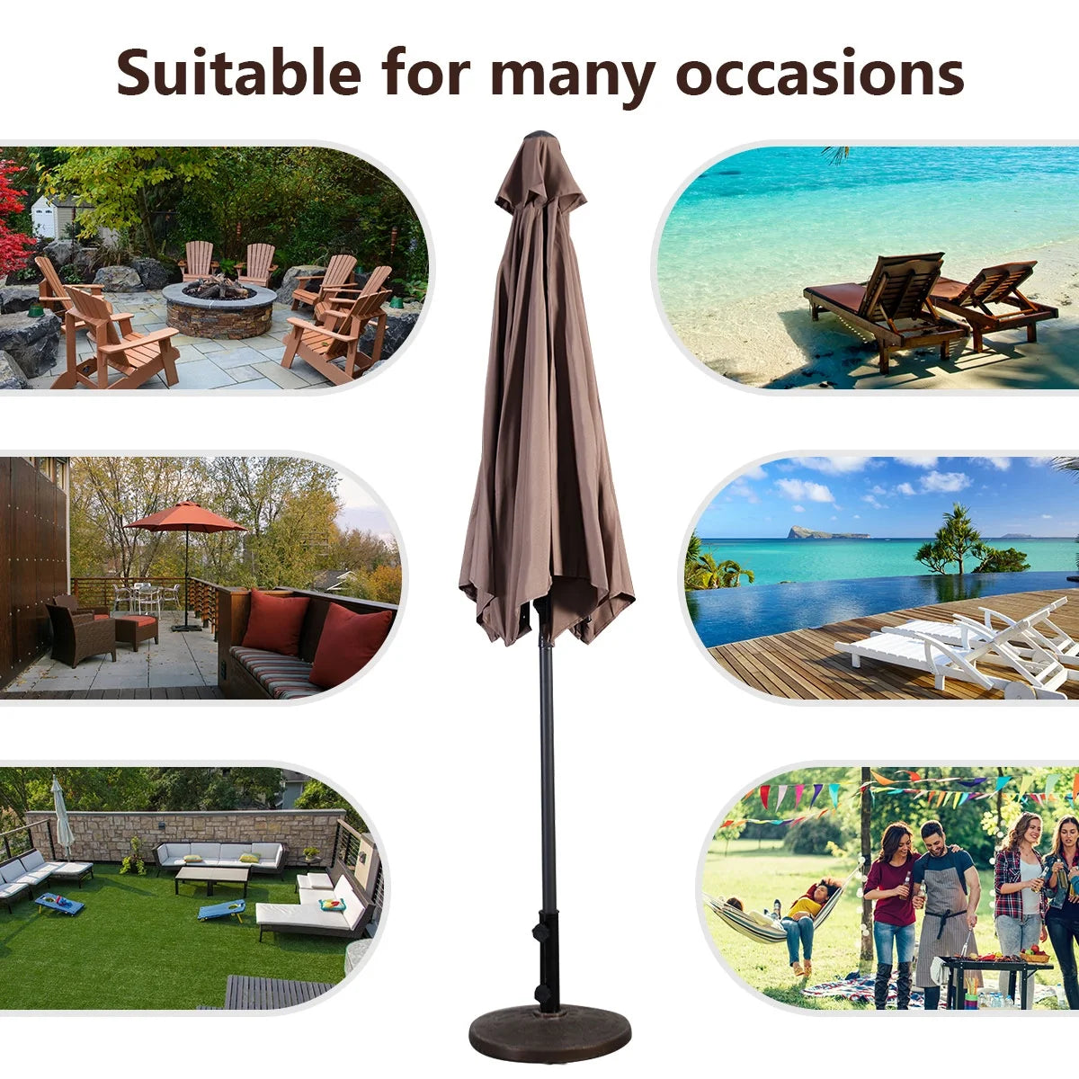9Ft Patio Umbrella Patio Market Steel Tilt W/ Crank Outdoor Yard Garden (Tan)