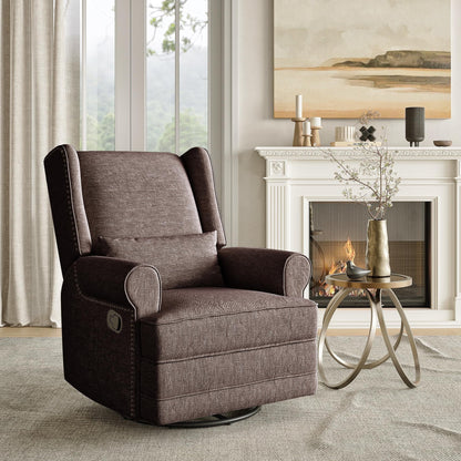 Swivel Nursery Glider Recliner, Comfy Upholstered Glider Chair with Lumbar Pillow and Footrest, Swivel Rocking Chair for Living Room, Grey