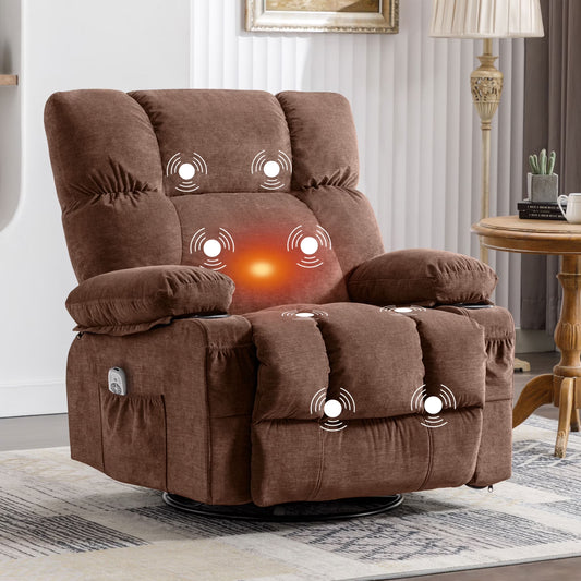 Massage Swivel Rocker Recliner Chair with Vibration Massage and Heat Ergonomic Lounge Chair for Living Room with Rocking Function and Side Pocket, 2 Cup Holders, USB Charge Port,Brown
