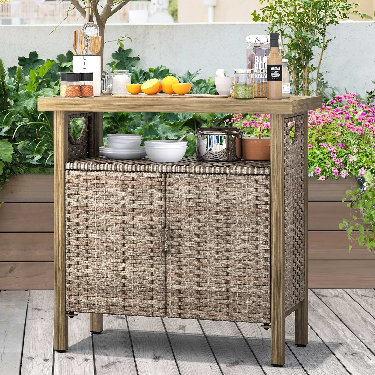 Outdoor Storage Cabinet Patio Wicker Bar Counter Table 2 Doors Backyard Patio