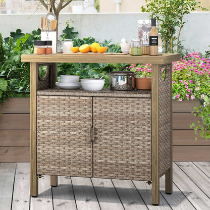 Outdoor Storage Cabinet Patio Wicker Bar Counter Table 2 Doors Backyard Patio