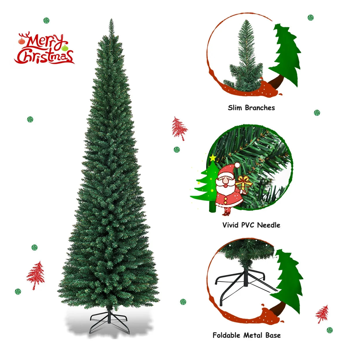 8Ft PVC Artificial Pencil Christmas Tree Slim Stand Green