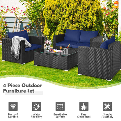 4 PCS Patio Rattan Furniture Set Cushioned Sofa Chair Coffee Table Blue