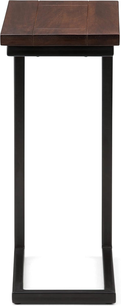Skyler 18-Inch Wide Solid Mango/Metal Industrial C-Shaped End Table in Dark Cognac Brown/Black for Living Room, Office, or Bedroom, Assembled