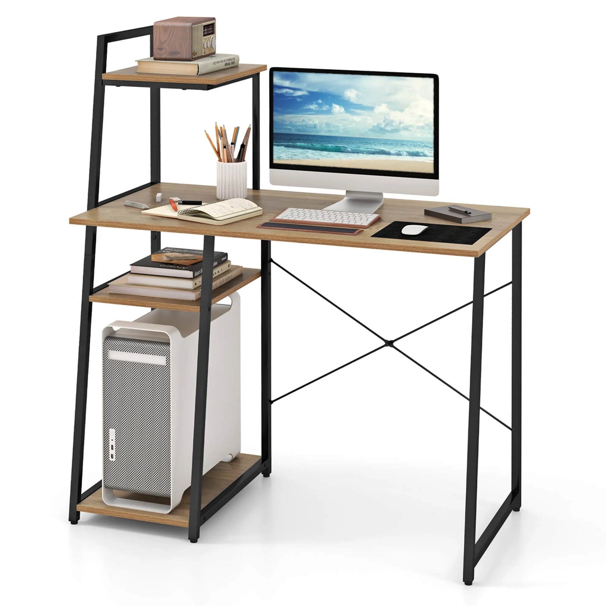 Home Office Desk with Bookshelf Host Stand Metal Frame Study Writing Desk
