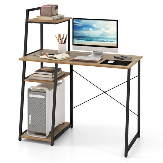 Home Office Desk with Bookshelf Host Stand Metal Frame Study Writing Desk