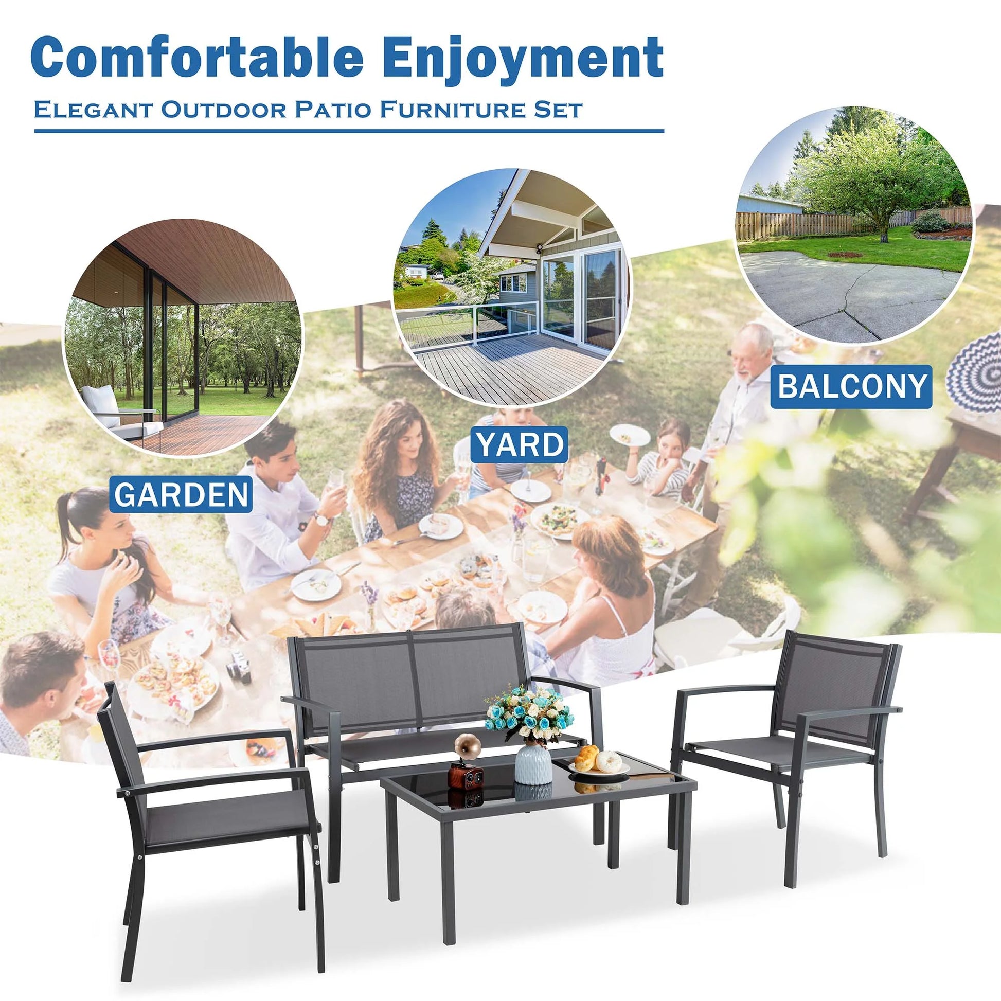 4 Pieces Outdoor Furniture Set All Weather Patio Textilene Steel Conversation Set, Patio Furniture Set Bistro Set with Loveseat Ea Table for Lawn and Balcony, Gray